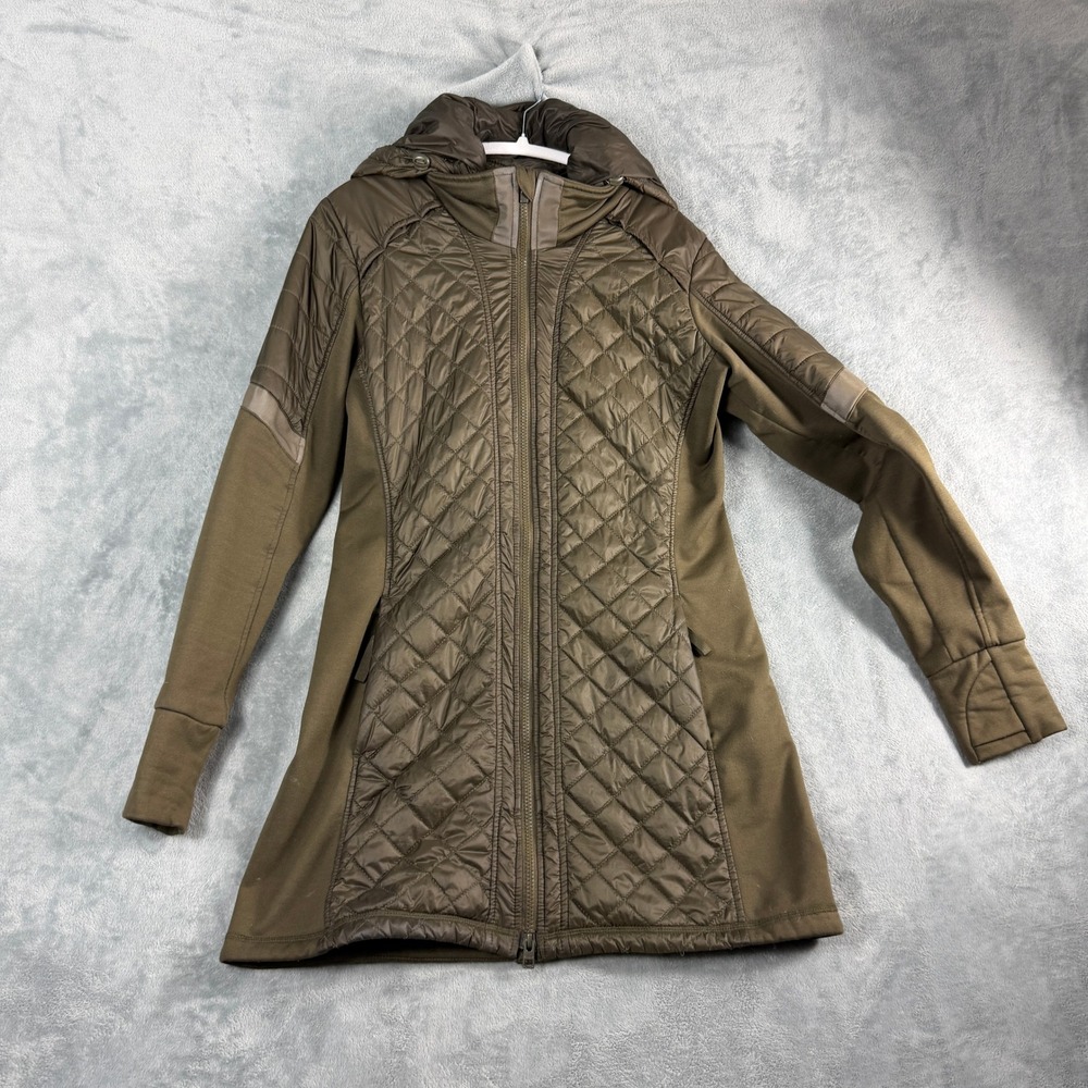 Athleta Womens L Brown Hybrid Quilted Jacket Longline Hooded Gorpcore Utility